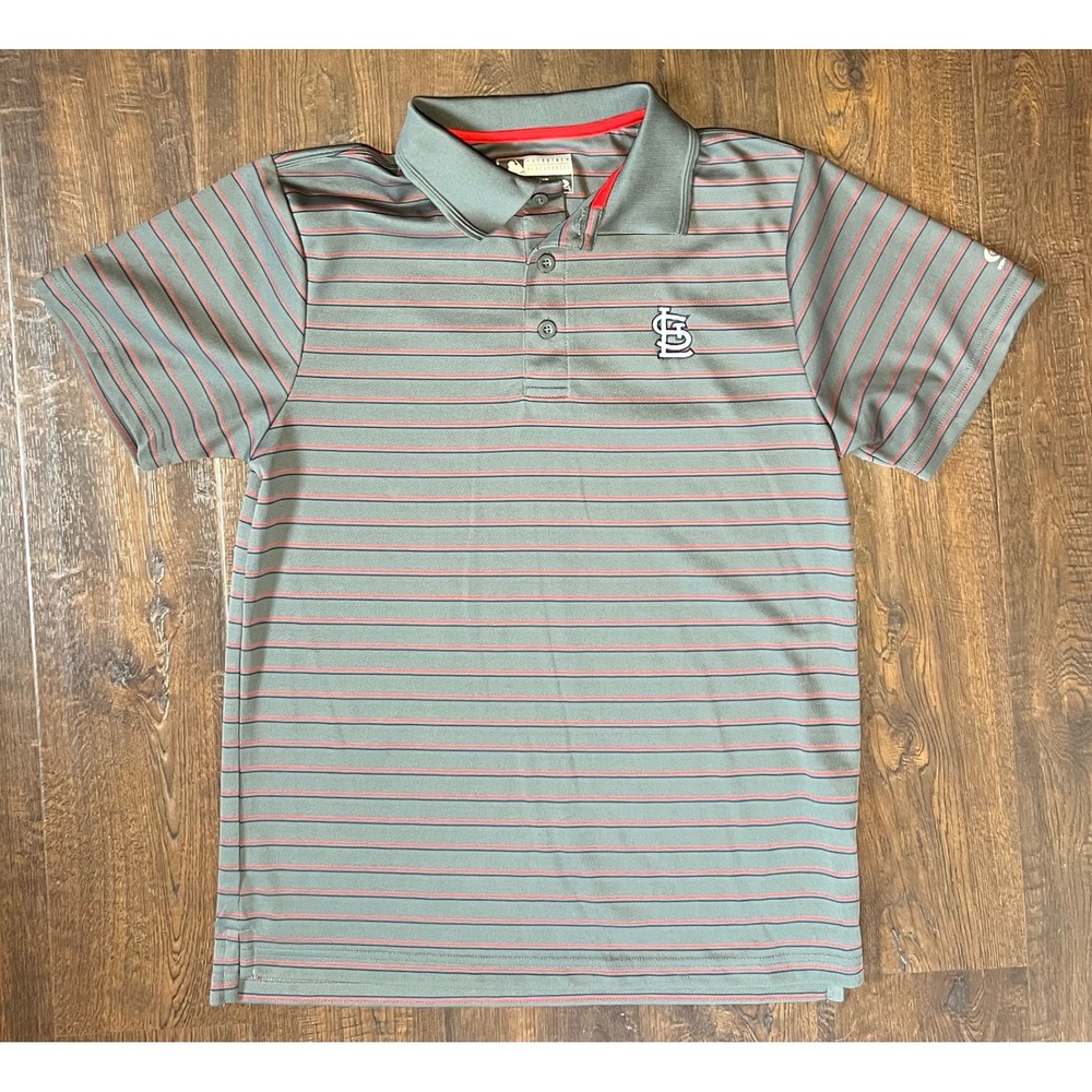 True Fan MLB St Louis Cardinals Striped Polo Shirt Mens Medium Gray Red STL Logo
